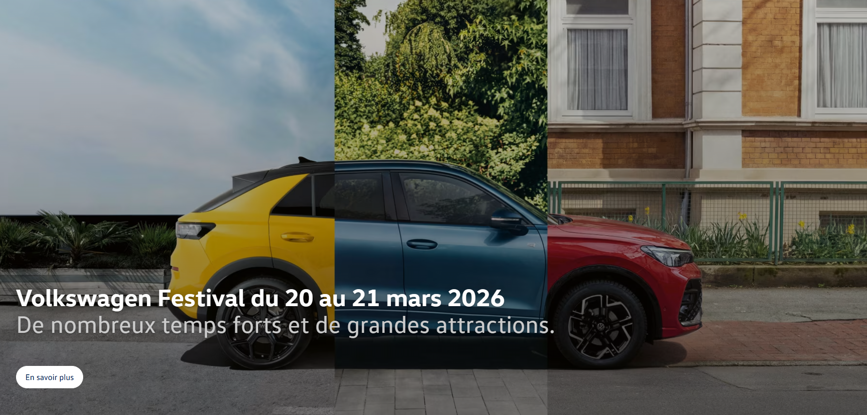Le Volkswagen Festival, qui se déroulera du 20 au21 mars 2026, brillera par de nombreux temps forts et de grandes attractions. Et il y a beaucoup à gagner: des packs VIP pour les 24 Heures du Nürburgring, des billets VIP pour la Ligue des Nations de l’UEFA, de superbes prix immédiats et bien sûr la voiture de vos rêves d’une valeur de CHF 40’000.–. Passez nous voir et découvrez l’univers haut en couleur de Volkswagen.